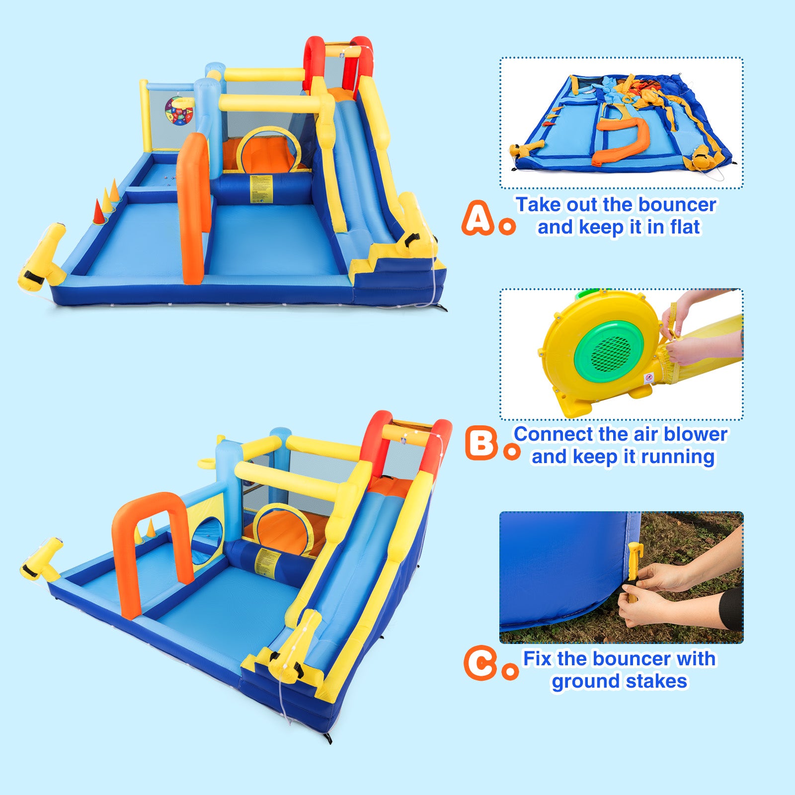 #1203 Inflatable Water Slide,Water Park Bounce House,Slide Bouncer Castle Playhouse w/Splash Pool, Climbing Wall, Trampoline，Felt Ball Target, Ring Toss Game for Kids Outdoor Fun, 550W Air Blower