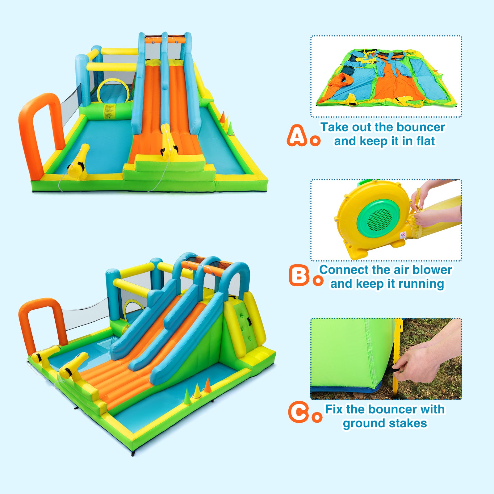 #1204 Inflatable Water Slide, Giant Water Park Bounce House with 2 Long Slides, Splash Pool,Trampoline, Climbing Wall, Ring Toss Game, 550W Air Blower for Kids Backyard Garden Indoor Outdoor Use