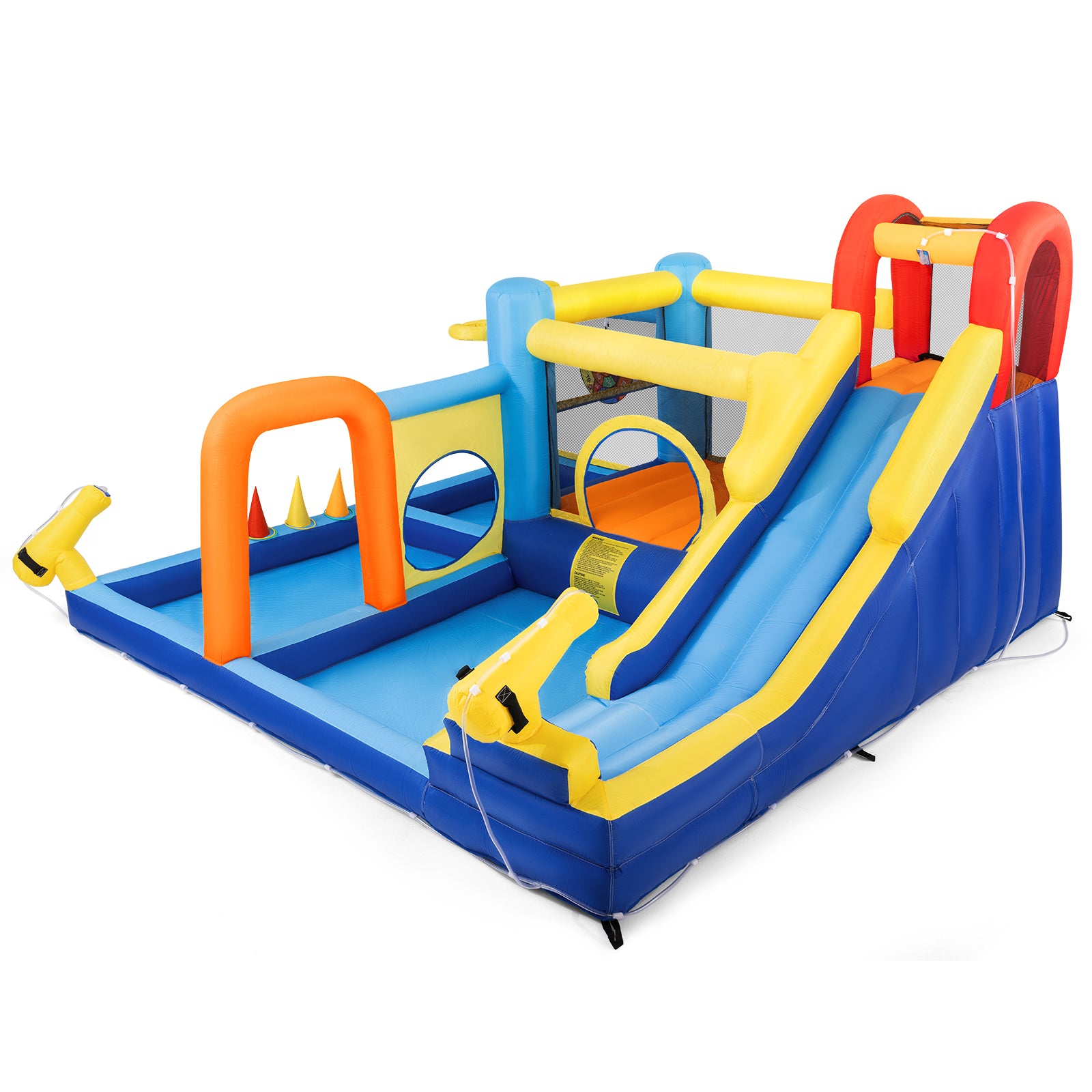 #1203 Inflatable Water Slide,Water Park Bounce House,Slide Bouncer Castle Playhouse w/Splash Pool, Climbing Wall, Trampoline，Felt Ball Target, Ring Toss Game for Kids Outdoor Fun, 550W Air Blower