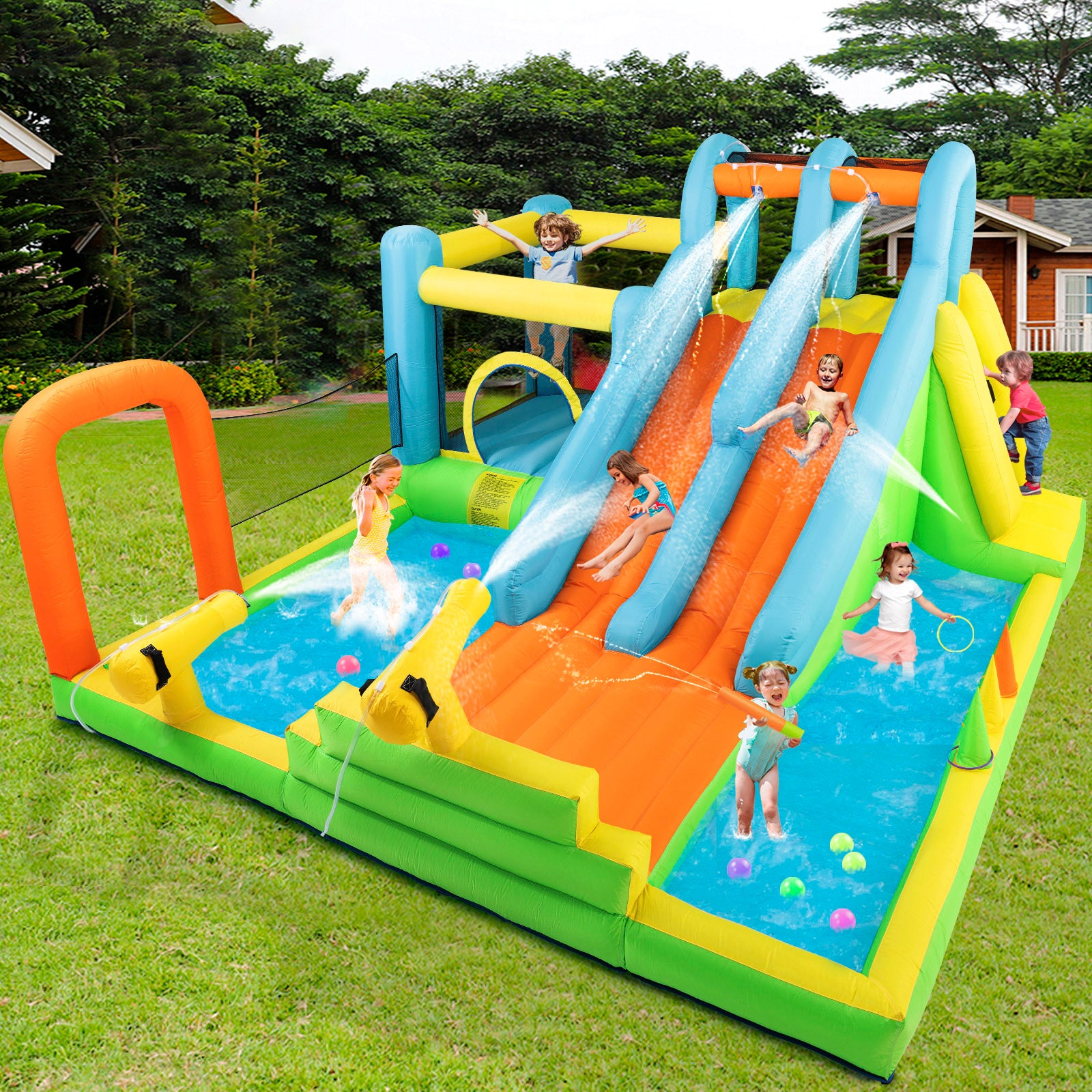#1204 Inflatable Water Slide, Giant Water Park Bounce House with 2 Long Slides, Splash Pool,Trampoline, Climbing Wall, Ring Toss Game, 550W Air Blower for Kids Backyard Garden Indoor Outdoor Use