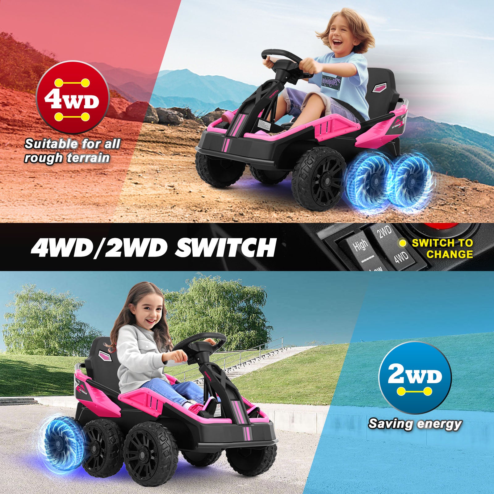 #1162  6x6 Ride On Truck for Big Kids, 4WD/2WD Switchable Kids UTV, 24V Toy Car for 2 Kids, 6-Wheeler W/4x75w Engines, 2.4G Remote Control, Music,MP4, Bluetooth, Lights, Spring Suspension
