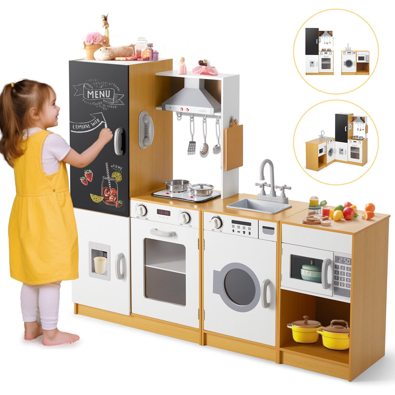 Kids Play Wooden Free Combination Pretend Toddler Play Kitchen Toy for Age 3+