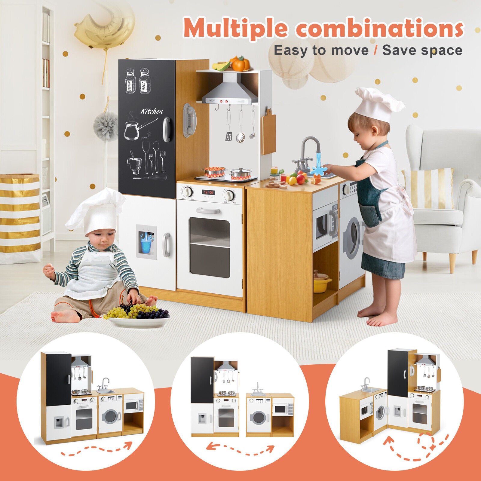 Kids Play Wooden Free Combination Pretend Toddler Play Kitchen Toy for Age 3+