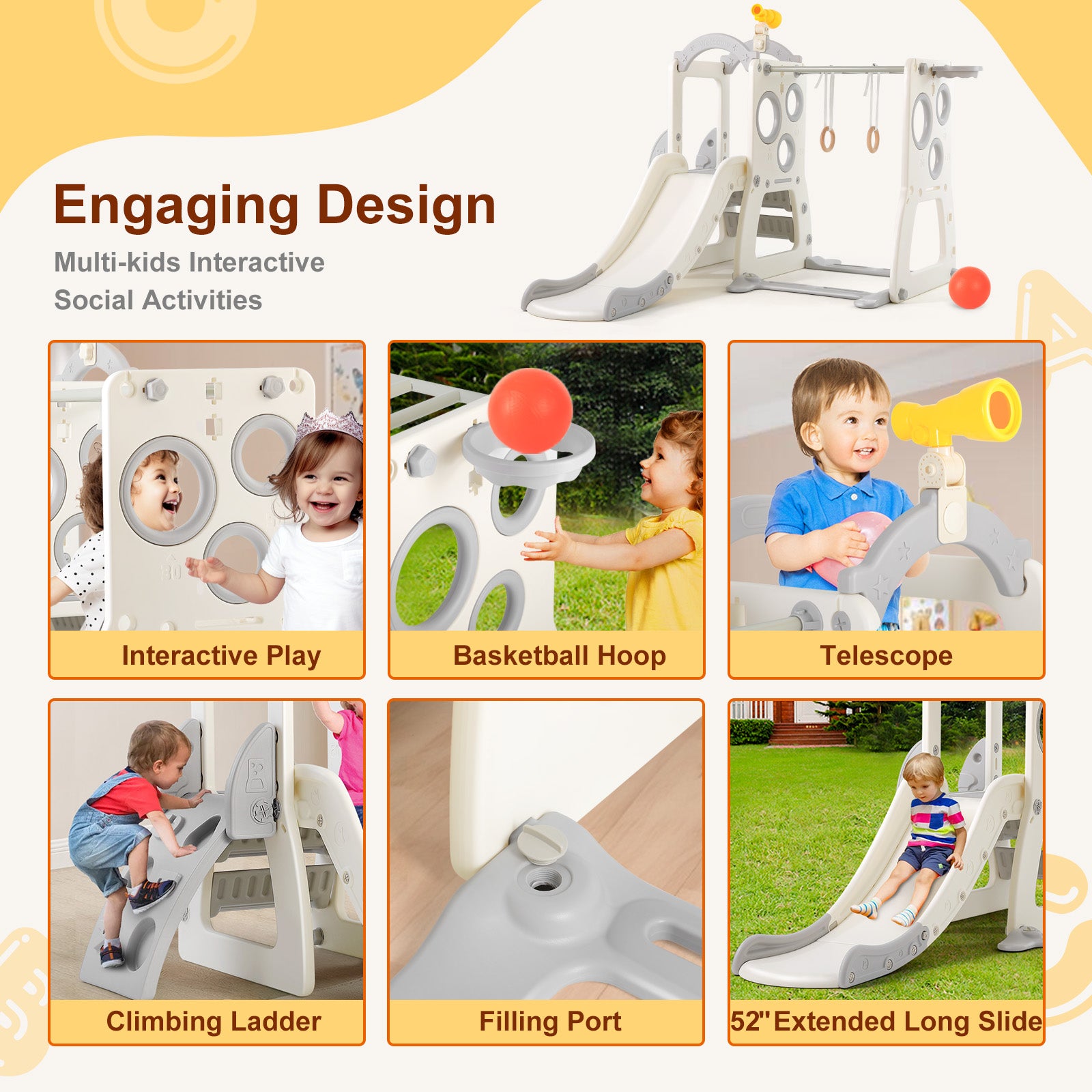 6 in 1 Toddler Slide, Freestanding Slide for Kids w/Basketball Hoop, Climbing Ladder, Backyard Playground Toy