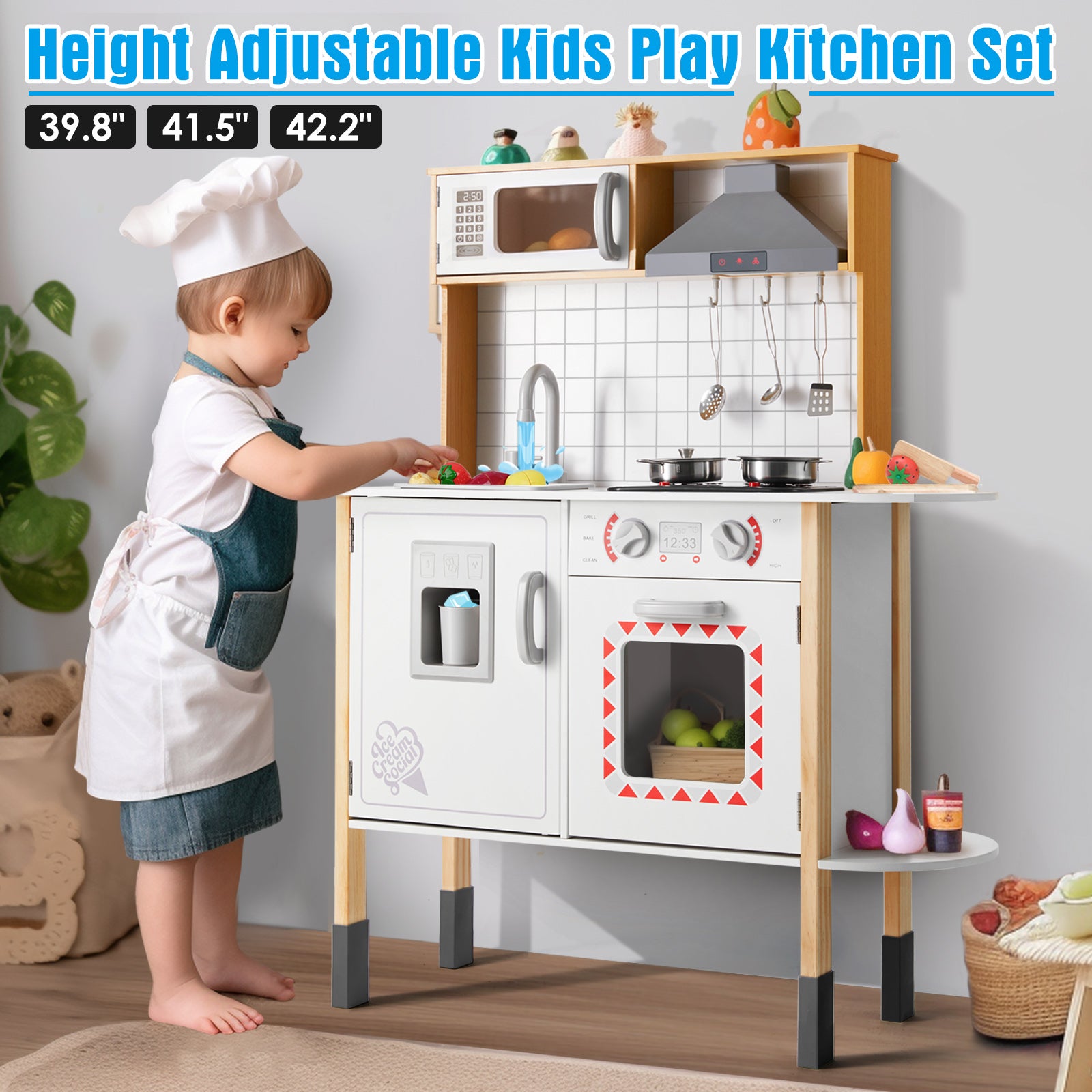 Kids Play Kitchen Set Wooden Pretend Toddler Kitchen Toys Ages 3+