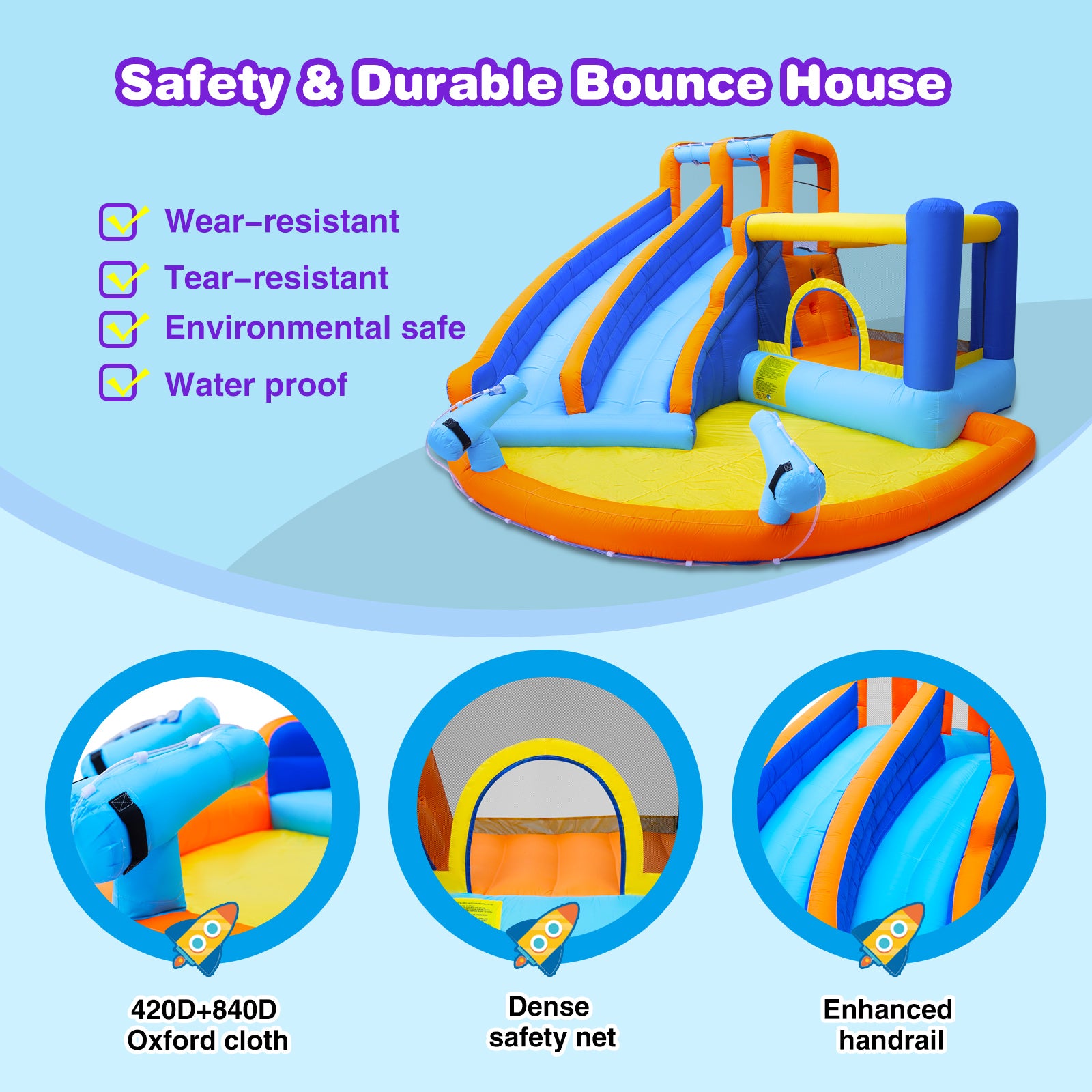 #1201 Inflatable Water Slide Bounce House,Giant Water Park, Double Slide Bouncer Castle w/Splash Pool, Jump Area, Climbing Wall, 550W Air Blower for Kids Backyard Indoor Outdoor Use,Free Water Gun