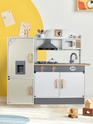 Kid Play Kitchen Pretend Wooden Toddler Ice Cube Dispenser Refrigerator Toy Set