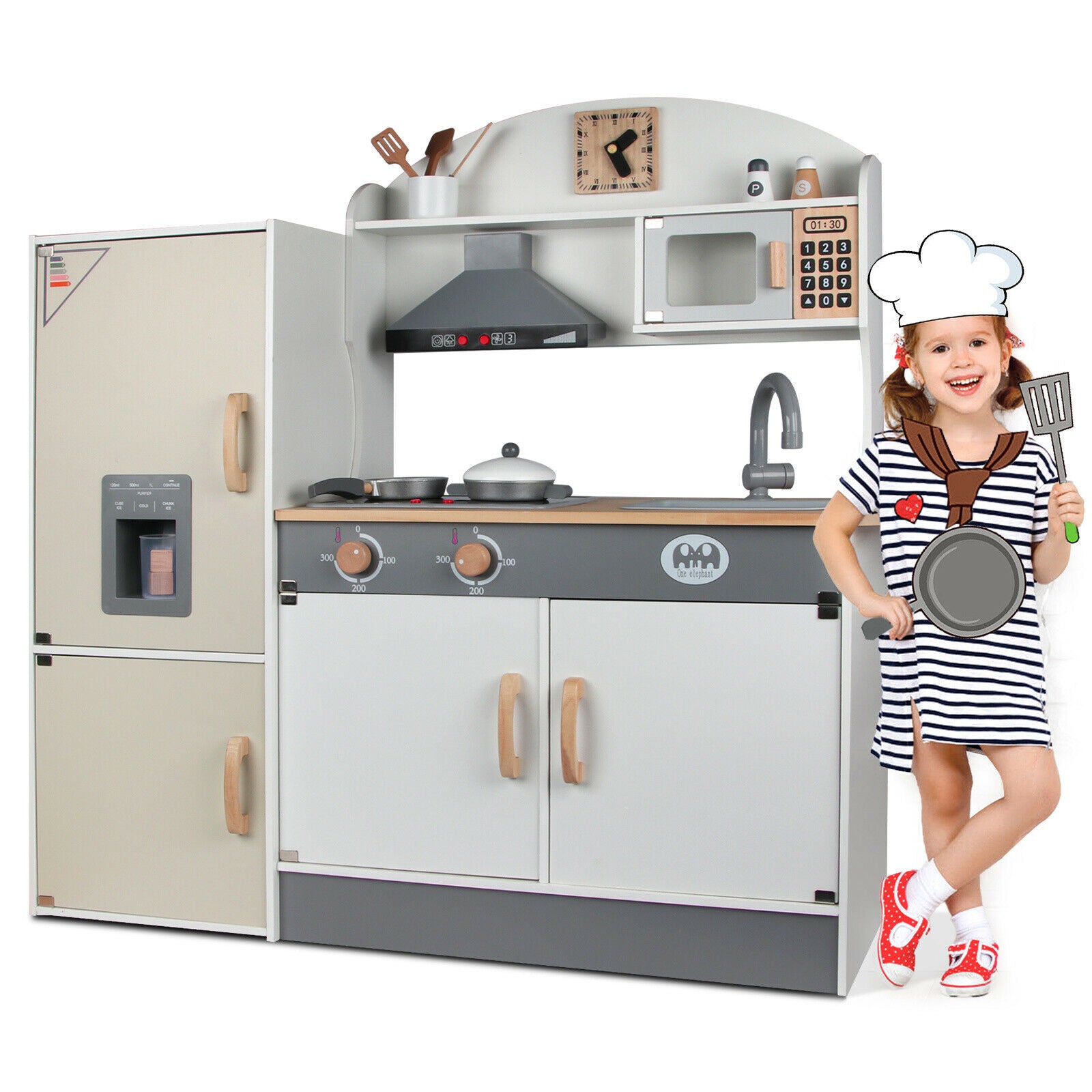 Kid Play Kitchen Pretend Wooden Toddler Ice Cube Dispenser Refrigerator Toy Set