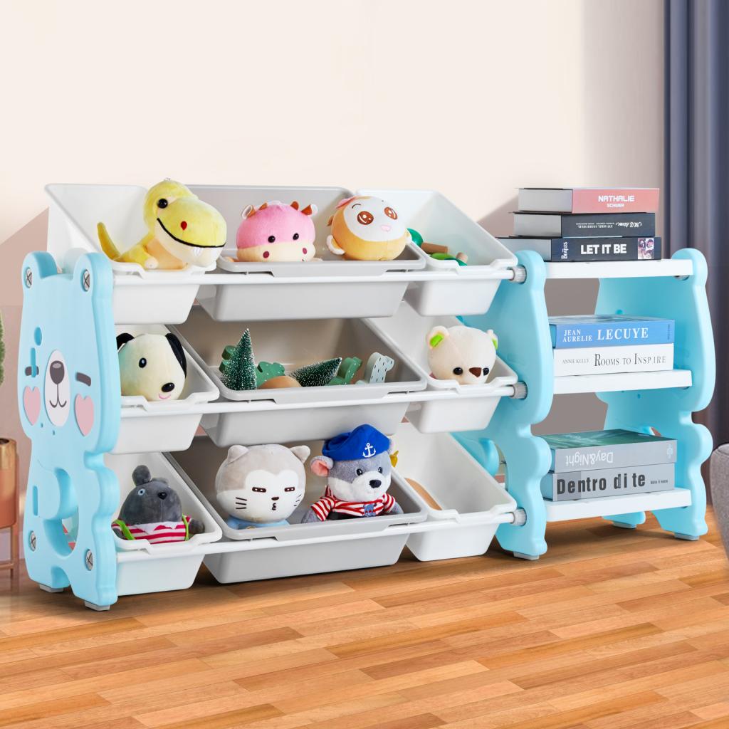 Kids' Toy Storage Organizer 3-Tier Bookshelves and Toy Collection Shelves with 9 Removable Bins