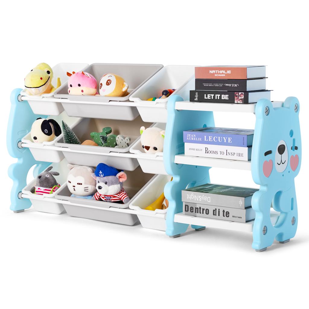 Kids' Toy Storage Organizer 3-Tier Bookshelves and Toy Collection Shelves with 9 Removable Bins