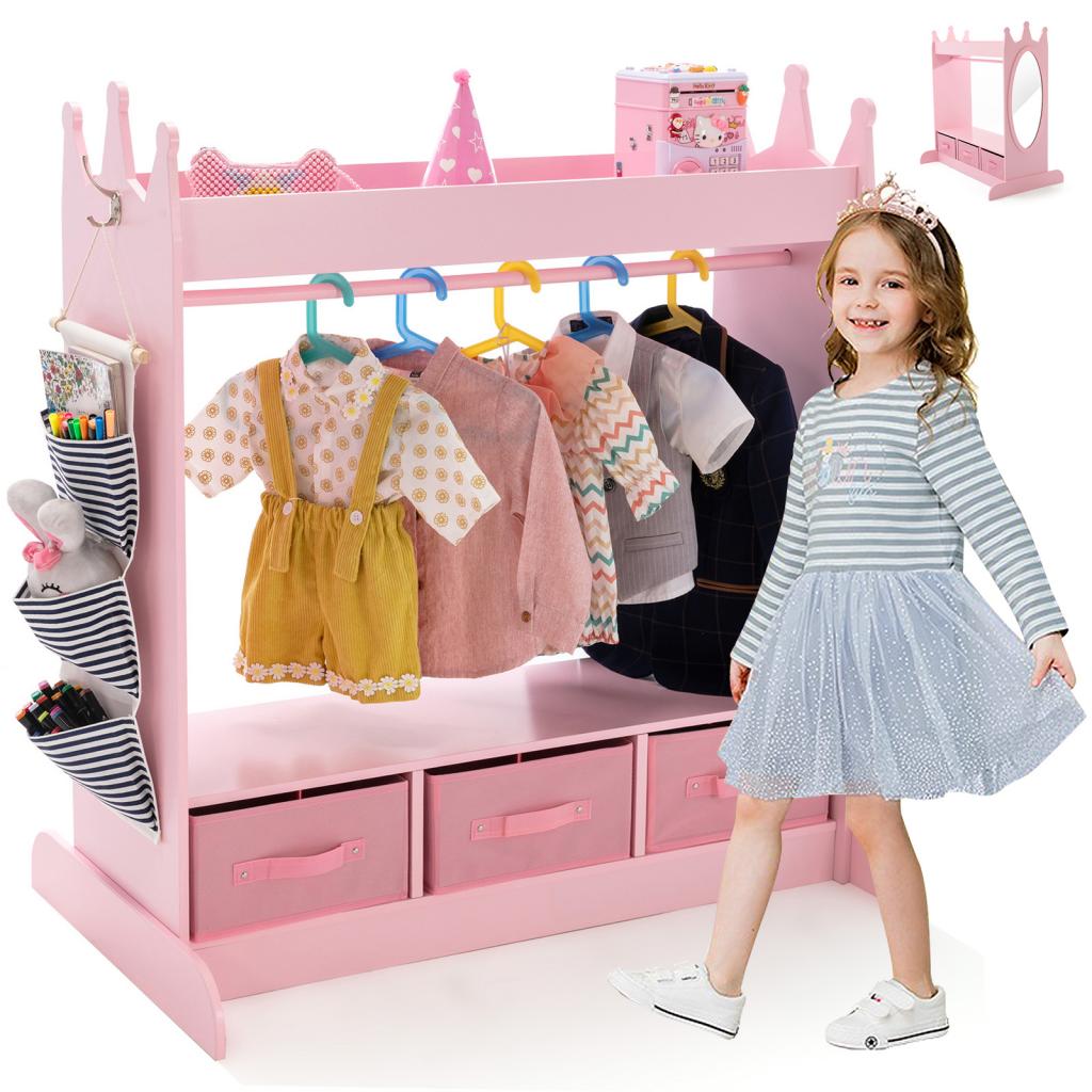 Kids Armoire Dress Up Storage w Mirror Side Pockets Hook Top Shelf S