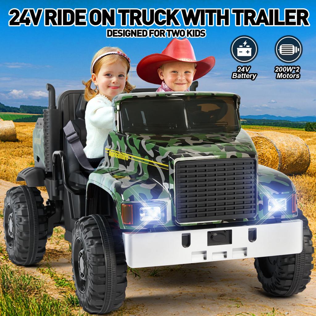 2 Seater Ride On Car 24V Battery-Powered Toy Tractor with Trailer, Dump Bed