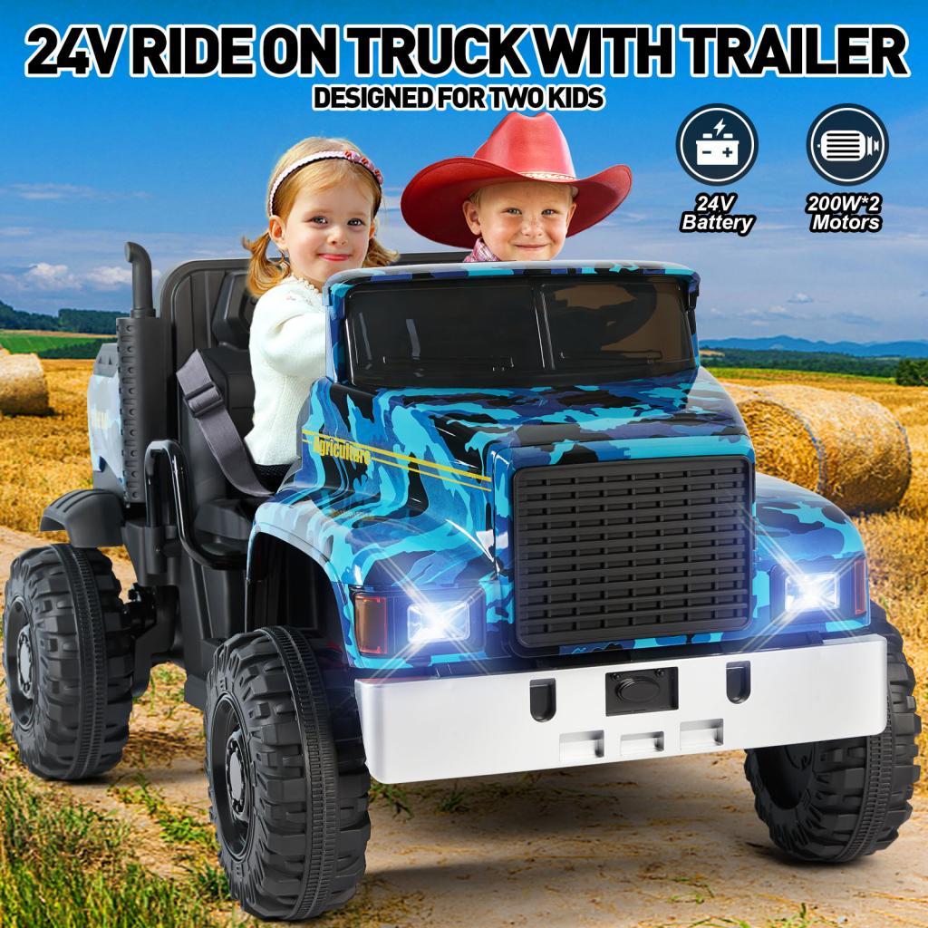 2 Seater Ride On Car 24V Battery-Powered Toy Tractor with Trailer, Dump Bed