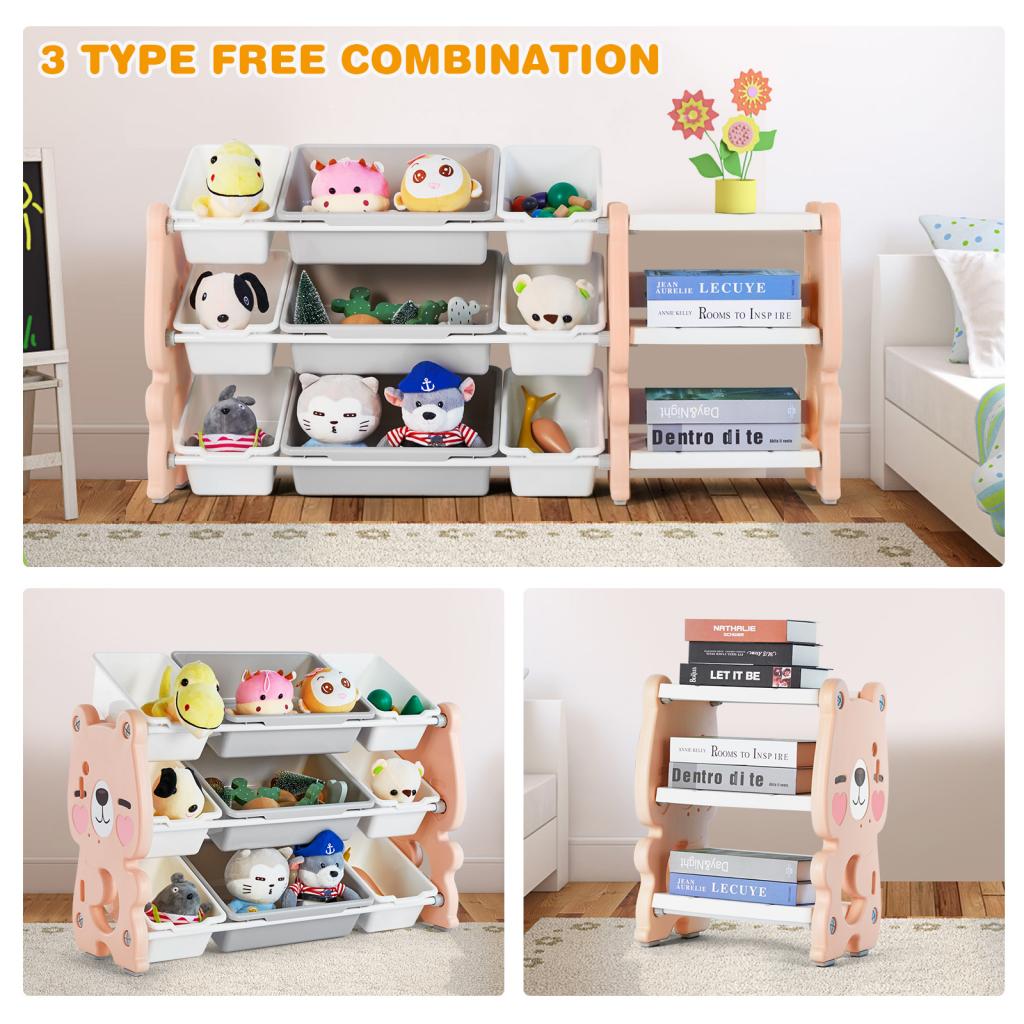 Kids' Toy Storage Organizer 3-Tier Bookshelves and Toy Collection Shelves with 9 Removable Bins