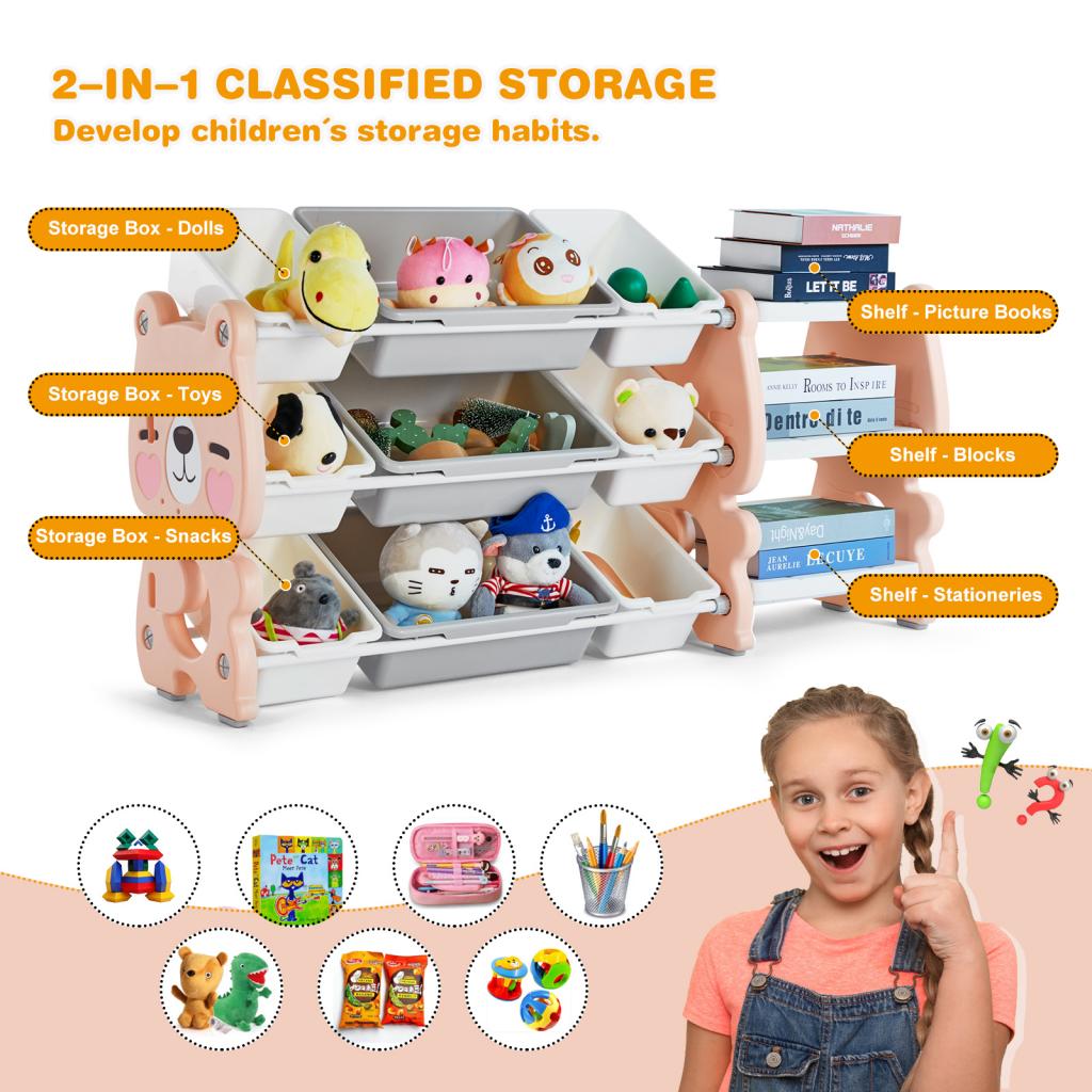 Kids' Toy Storage Organizer 3-Tier Bookshelves and Toy Collection Shelves with 9 Removable Bins