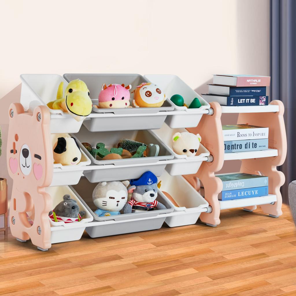 Kids' Toy Storage Organizer 3-Tier Bookshelves and Toy Collection Shelves with 9 Removable Bins