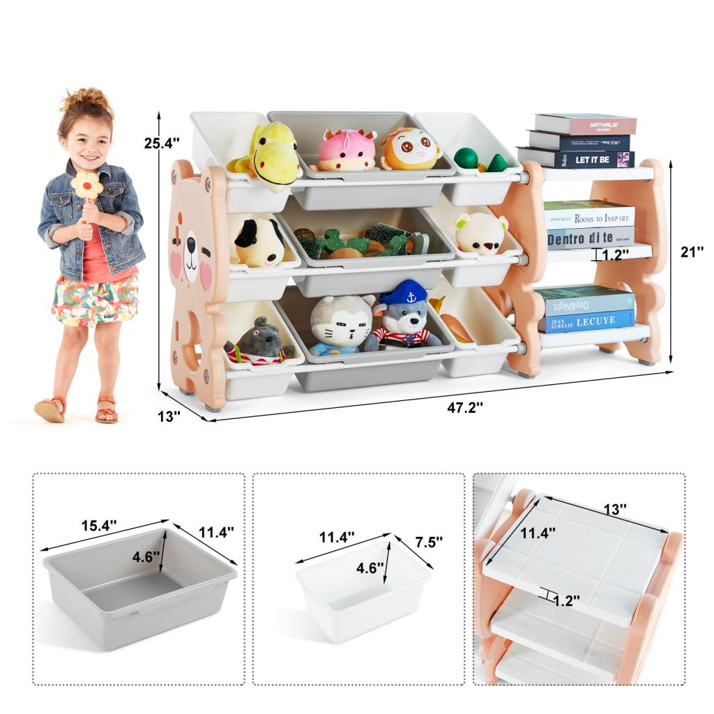 Kids' Toy Storage Organizer 3-Tier Bookshelves and Toy Collection Shelves with 9 Removable Bins