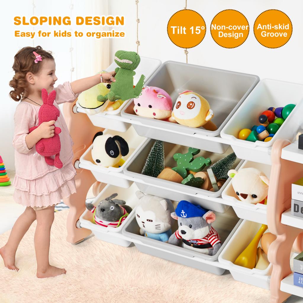 Kids' Toy Storage Organizer 3-Tier Bookshelves and Toy Collection Shelves with 9 Removable Bins